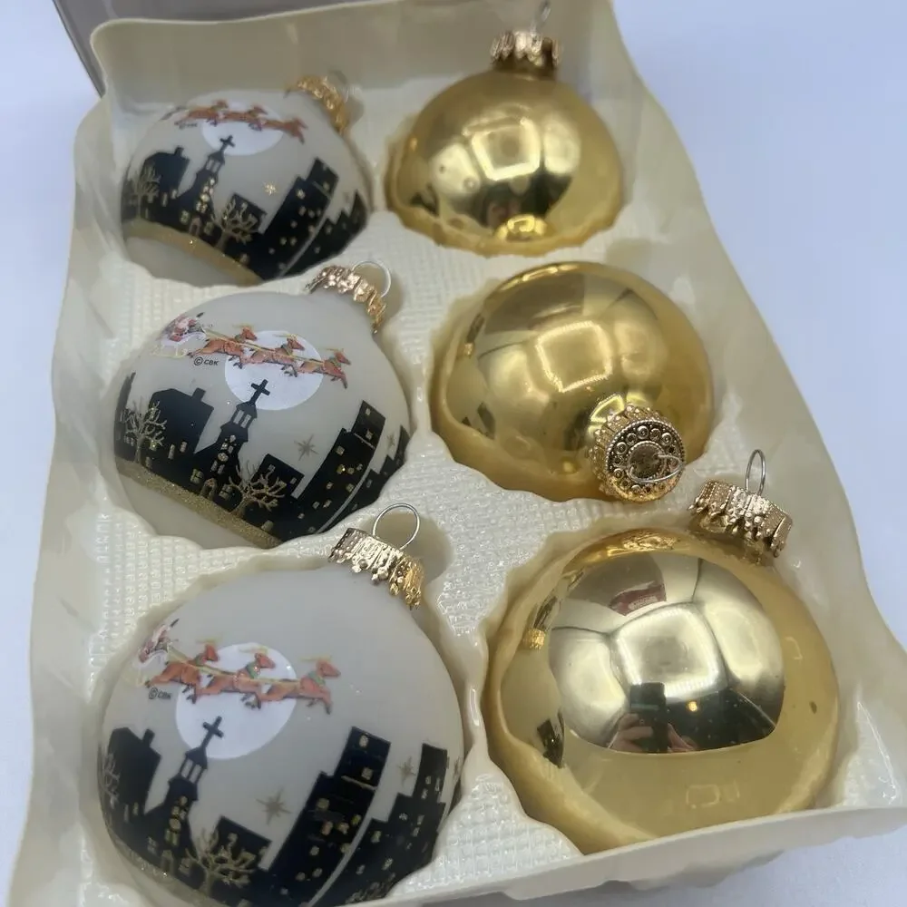 Set 6 CVS Christmas Glass Ball Ornaments Santa Sleigh Reindeer Gold White